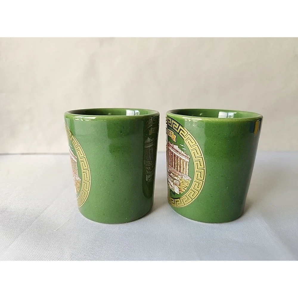 Lot 2 Vintage‎ Greek Handmade Shot Glasses Parthenon of Athens Green w/24K Gold